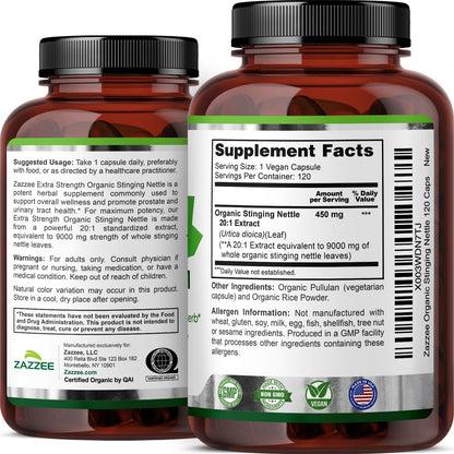 Zazzee USDA Organic Stinging Nettle Leaf 20:1 Extract, 120 Vegan Capsules, 4 Month Supply, Urtica Dioica, Respiratory, Immune & Seasonal Wellness Support, Organic Herbal Supplement, Made in the USA - PrimeBioHealth - canada supplements