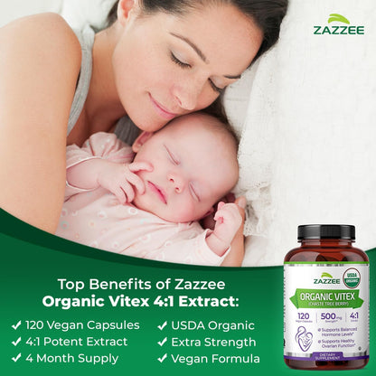 Zazzee USDA Organic Vitex 4:1 Extract, 120 Vegan Capsules, 4 Month Supply, Chaste Berry, Hormonal Balance & Cycle Support for Women, Certified Kosher, Vitex Agnus-Castus, Non-GMO, Made in the USA - PrimeBioHealth - canada supplements