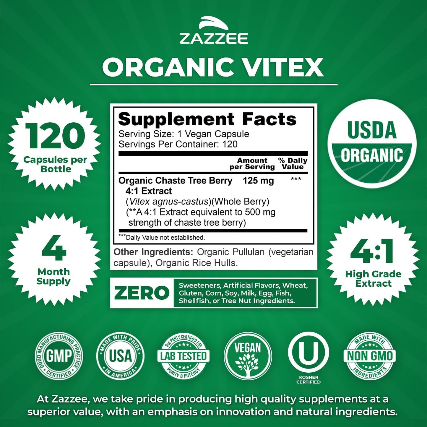 Zazzee USDA Organic Vitex 4:1 Extract, 120 Vegan Capsules, 4 Month Supply, Chaste Berry, Hormonal Balance & Cycle Support for Women, Certified Kosher, Vitex Agnus-Castus, Non-GMO, Made in the USA - PrimeBioHealth - canada supplements
