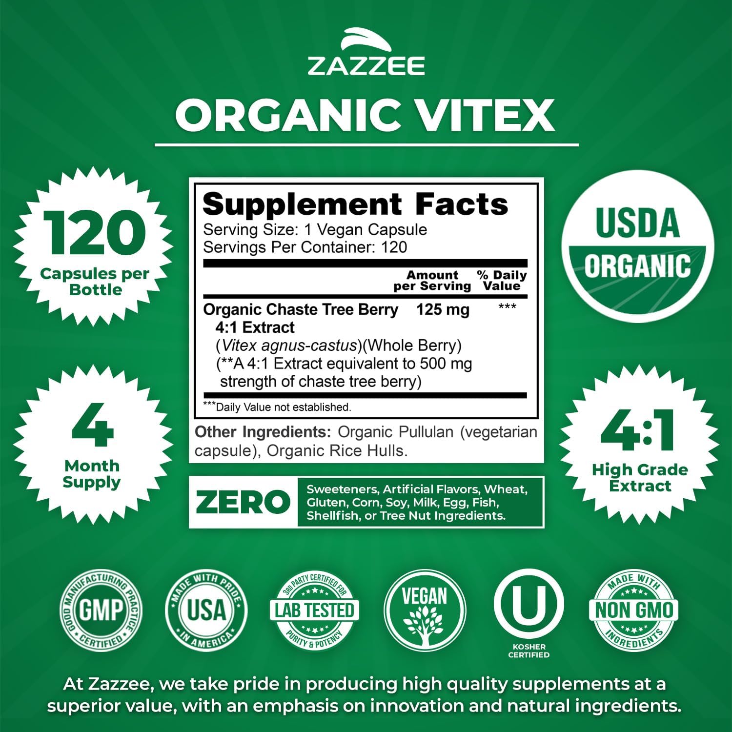 Zazzee USDA Organic Vitex 4:1 Extract, 120 Vegan Capsules, 4 Month Supply, Chaste Berry, Hormonal Balance & Cycle Support for Women, Certified Kosher, Vitex Agnus-Castus, Non-GMO, Made in the USA - PrimeBioHealth - canada supplements