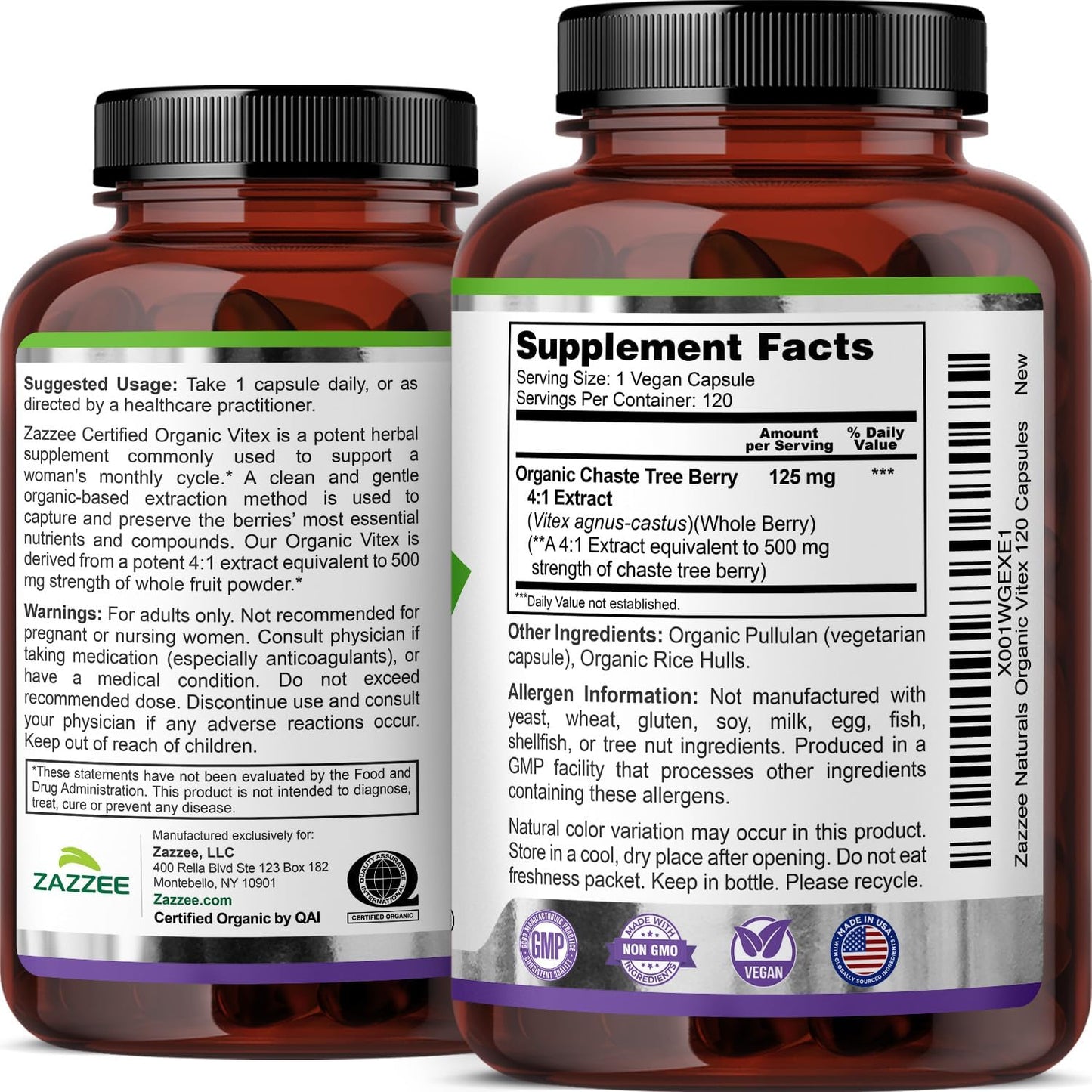 Zazzee USDA Organic Vitex 4:1 Extract, 120 Vegan Capsules, 4 Month Supply, Chaste Berry, Hormonal Balance & Cycle Support for Women, Certified Kosher, Vitex Agnus-Castus, Non-GMO, Made in the USA - PrimeBioHealth - canada supplements