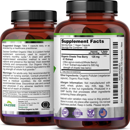 Zazzee USDA Organic Vitex 4:1 Extract, 120 Vegan Capsules, 4 Month Supply, Chaste Berry, Hormonal Balance & Cycle Support for Women, Certified Kosher, Vitex Agnus-Castus, Non-GMO, Made in the USA - PrimeBioHealth - canada supplements