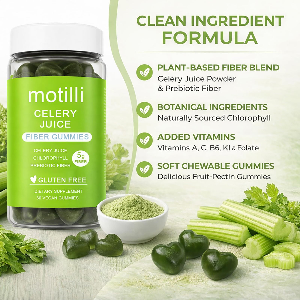 zdiwond Motilli Celery Juice Fiber Gummies, with Prebiotic Fiber and Botanical Ingredients, 60 Count - PrimeBioHealth - canada supplements