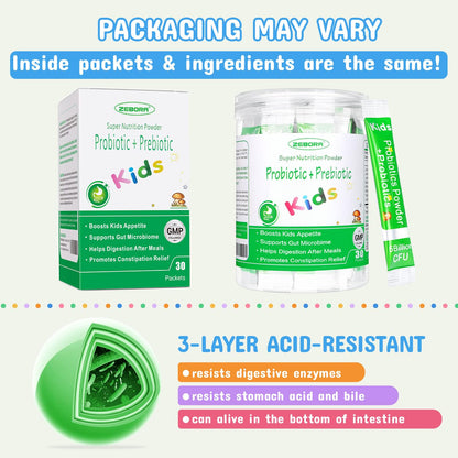 ZEBORA Kids Probiotic & Prebiotics Powder Age 3+ Support Children's Digestive & Immune System with Natural Source, Promotes Constipation Relief, Non-GMO - PrimeBioHealth - canada supplements
