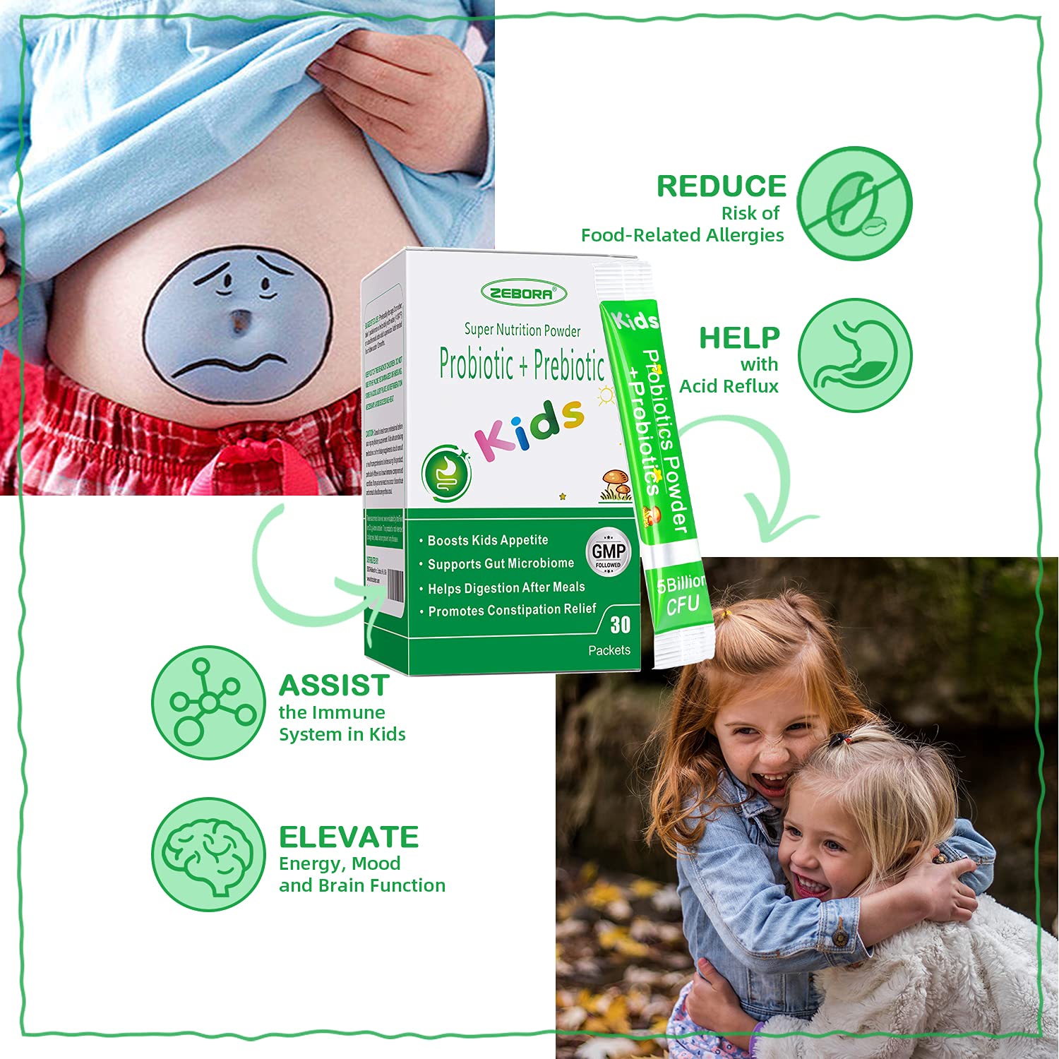 ZEBORA Kids Probiotic & Prebiotics Powder Age 3+ Support Children's Digestive & Immune System with Natural Source, Promotes Constipation Relief, Non-GMO - PrimeBioHealth - canada supplements