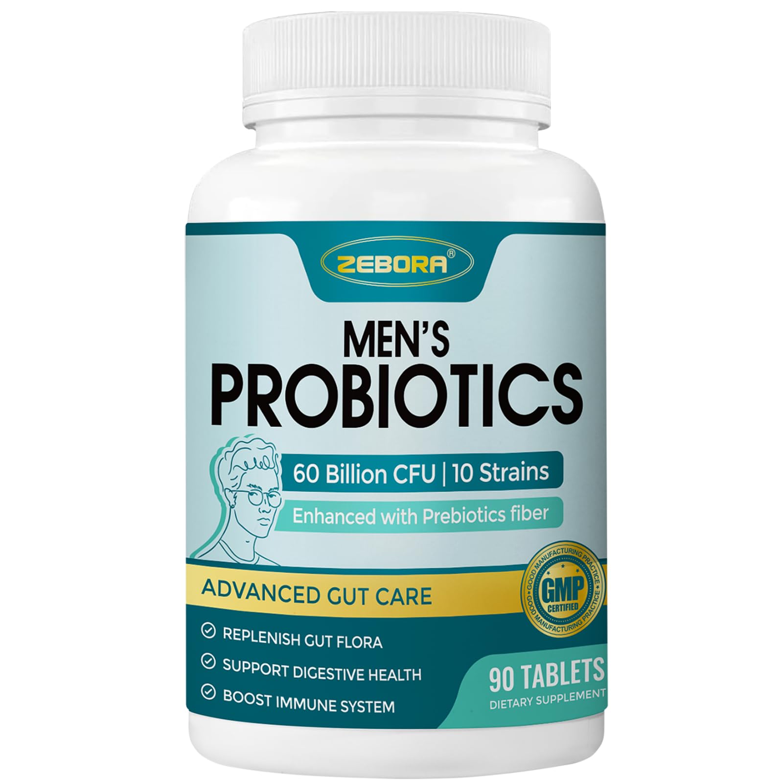 ZEBORA Probiotics for Men and Prebiotics for Digestive Health, 90 Tablets, 60 Billion CFUs for Immune and Gut Health, 10 Strains, Hypoallergenic Probiotics, - PrimeBioHealth - canada supplements