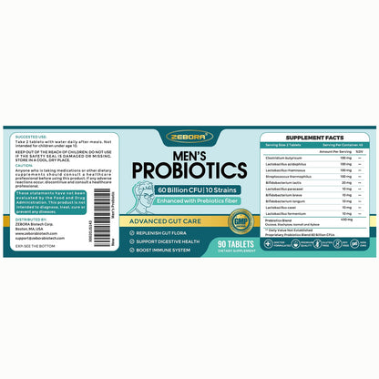 ZEBORA Probiotics for Men and Prebiotics for Digestive Health, 90 Tablets, 60 Billion CFUs for Immune and Gut Health, 10 Strains, Hypoallergenic Probiotics, - PrimeBioHealth - canada supplements