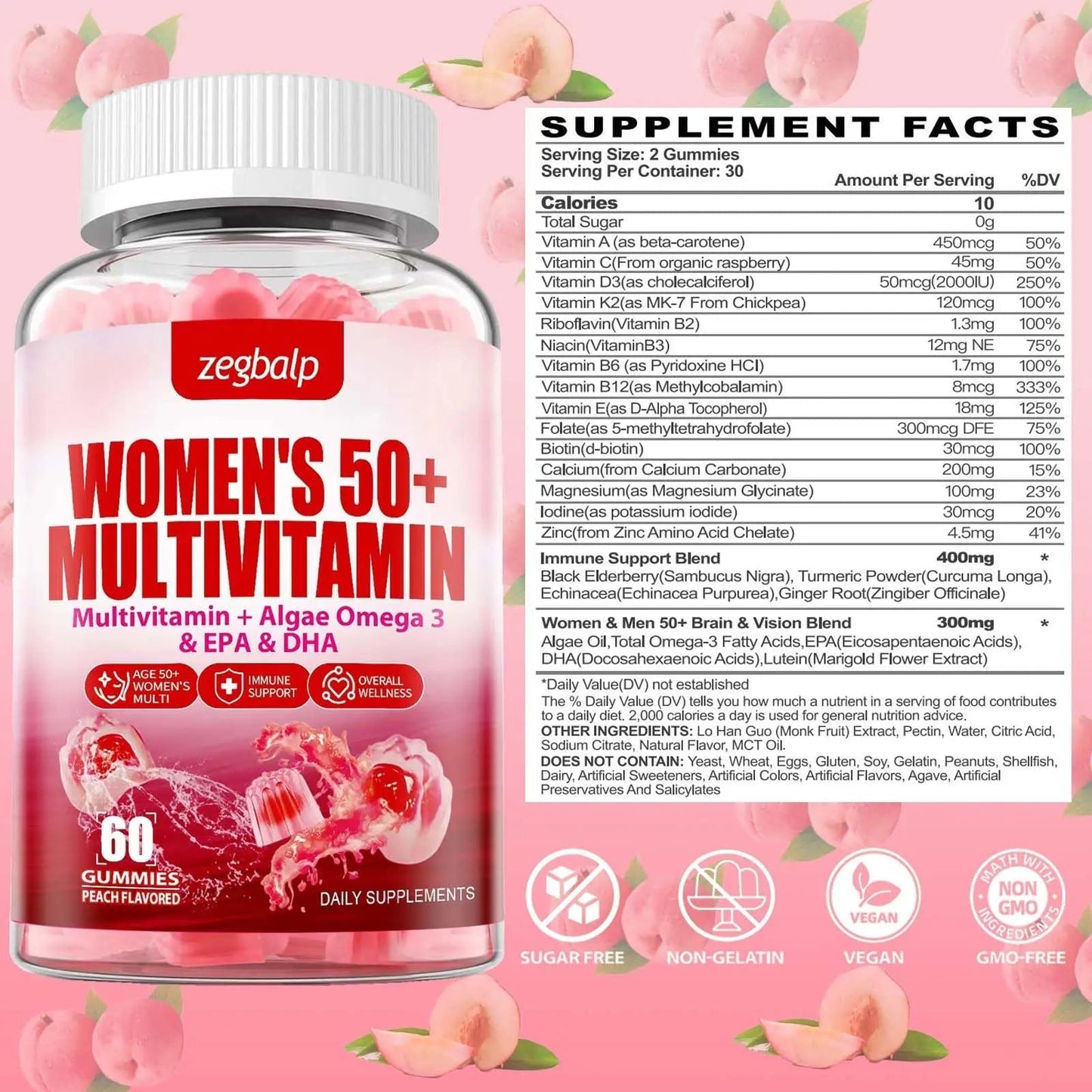 ZEGBALP Sugar-Free Womens Multivitamin 50 Plus Gummies with Calcium, Magnesium, Zinc, Vitamin A, C, D3, E, K2, B Complex, Folate, Biotin - PrimeBioHealth - canada supplements