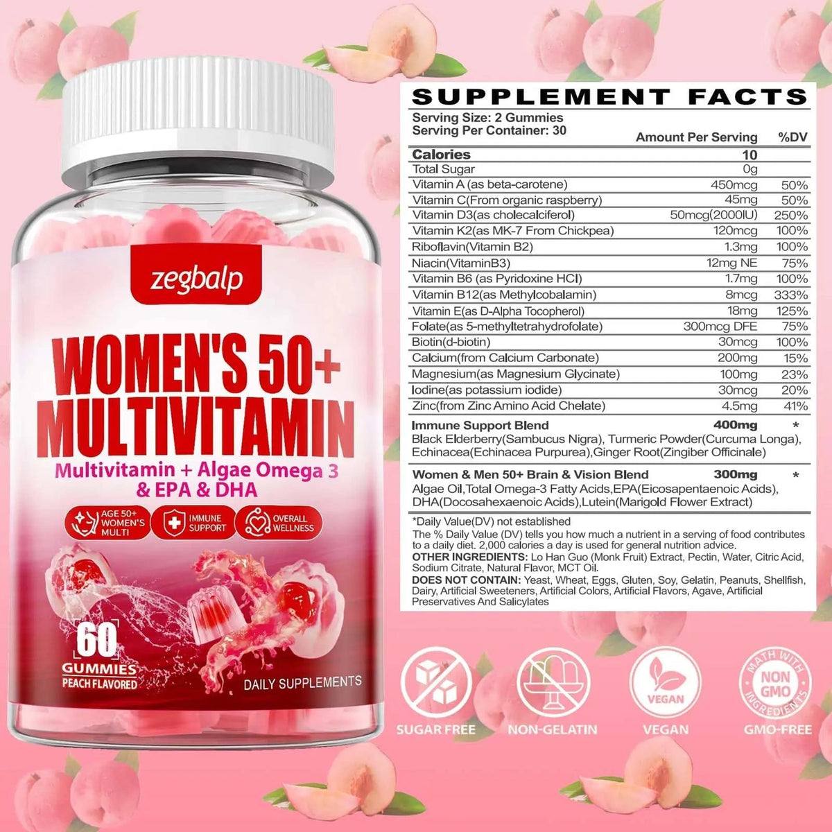 ZEGBALP Sugar-Free Womens Multivitamin 50 Plus Gummies with Calcium, Magnesium, Zinc, Vitamin A, C, D3, E, K2, B Complex, Folate, Biotin - PrimeBioHealth - canada supplements