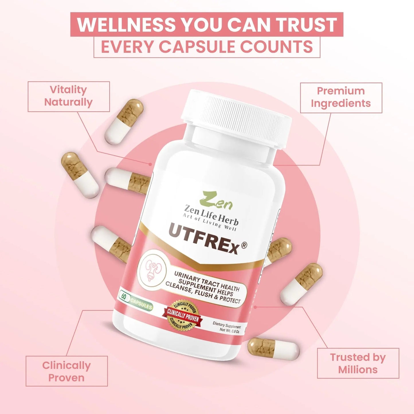 ZEN LIFE HERB UTFREx – Fast Acting - Promotes Urinary Tract Health Supports Healthy Immune and Urinary System, No Vitamins, Minerals, Prebiotics, Sugar, Plant-Based Supplement (60 Capsules) - PrimeBioHealth - canada supplements