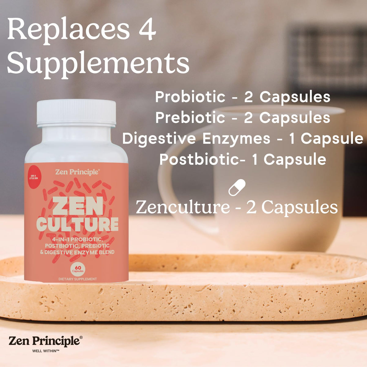 Zen Principle Zenculture™ – 4-in-1 Synbiotic Supplement (Probiotic + Prebiotic + Postbiotic + Digestive Enzymes) with CoreBiome®. Anti Bloating - PrimeBioHealth - canada supplements