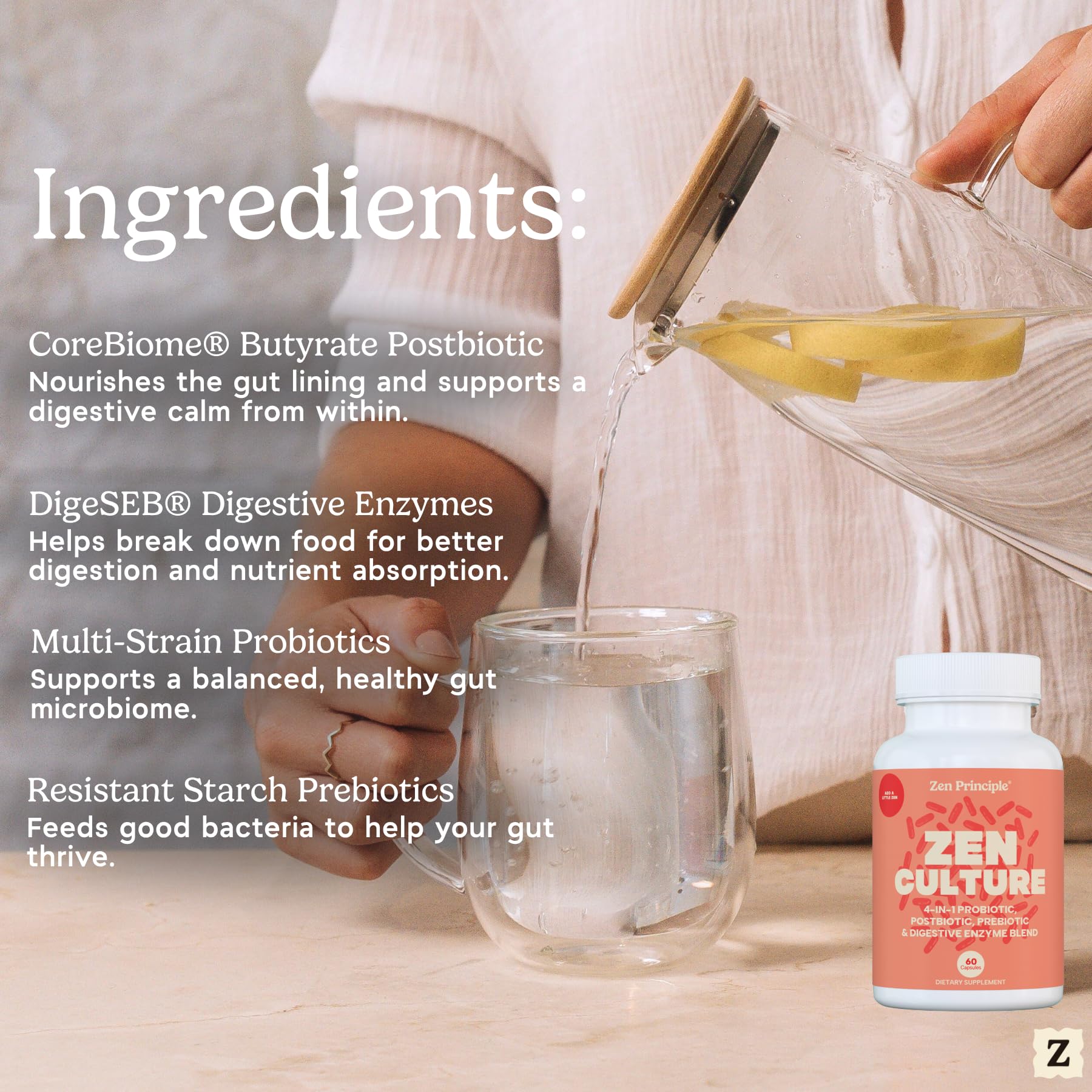 Zen Principle Zenculture™ – 4-in-1 Synbiotic Supplement (Probiotic + Prebiotic + Postbiotic + Digestive Enzymes) with CoreBiome®. Anti Bloating, - PrimeBioHealth - canada supplements