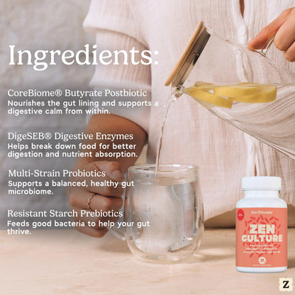 Zen Principle Zenculture™ – 4-in-1 Synbiotic Supplement (Probiotic + Prebiotic + Postbiotic + Digestive Enzymes) with CoreBiome®. Anti Bloating - PrimeBioHealth - canada supplements