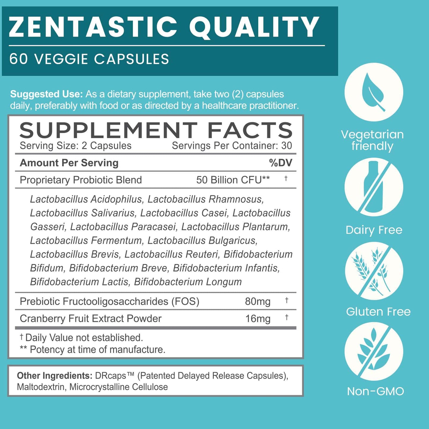 Zentastic Probiotics & Prebiotics Supplement - 50 Billion CFU - for Men & Women’s Immune & Digestive Health - 16 Strains - Shelf Stable - 180 Delayed Release Veggie Capsules - PrimeBioHealth - canada supplements