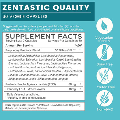 Zentastic Probiotics & Prebiotics Supplement - 50 Billion CFU - for Men & Women’s Immune & Digestive Health - 16 Strains - Shelf Stable - 180 Delayed Release Veggie Capsules - PrimeBioHealth - canada supplements