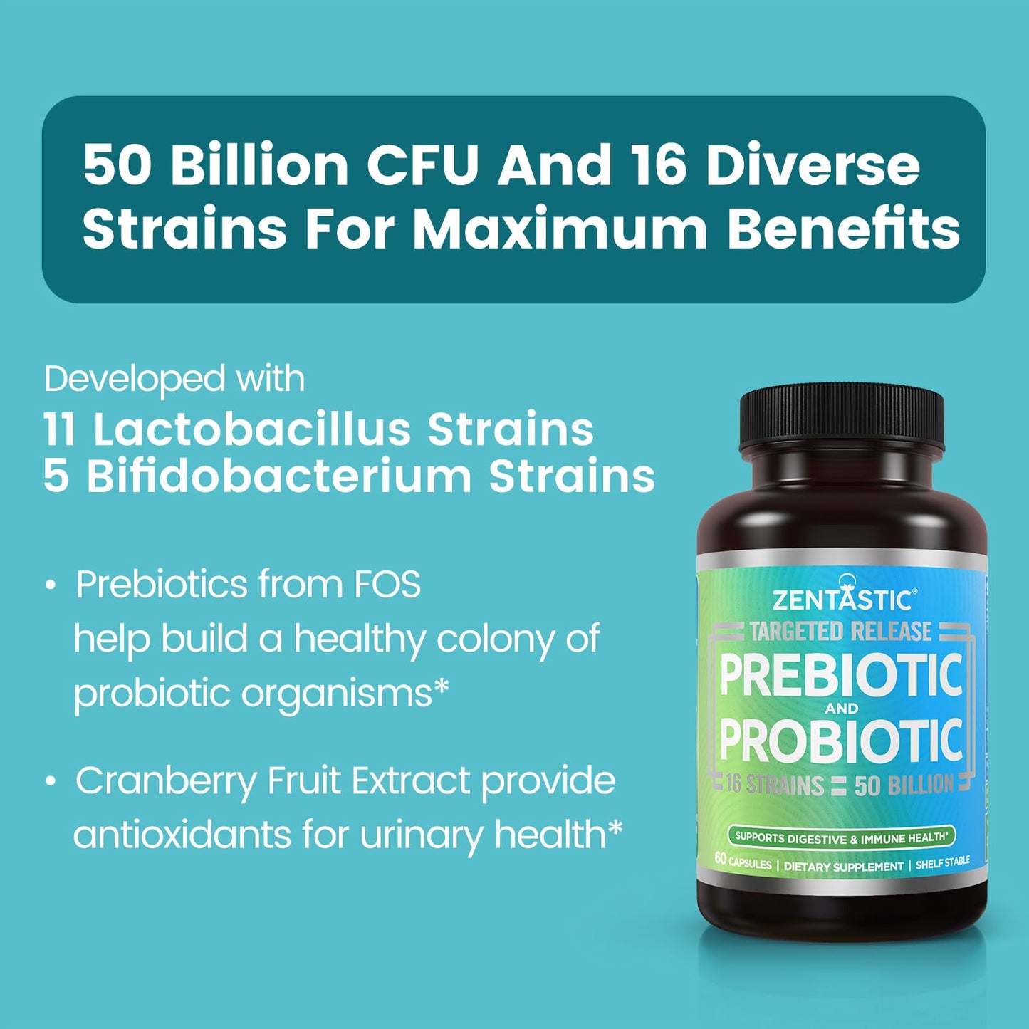 Zentastic Probiotics & Prebiotics Supplement - 50 Billion CFU - for Men & Women’s Immune & Digestive Health - 16 Strains - Shelf Stable - 180 Delayed Release Veggie Capsules - PrimeBioHealth - canada supplements