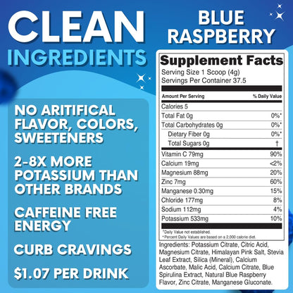 Zero Sugar - Blue Raspberry Electrolytes Powder - Refreshing Hydration - Caffeine Free Energy - All Natural Ingredients - Vegan, Keto and Paleo - Sugar Free Electrolyte Powder Drink Mix - 37 Servings - PrimeBioHealth - canada supplements
