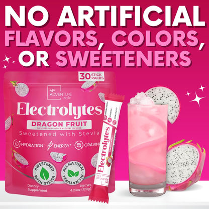 Zero Sugar Dragon Fruit Electrolytes Sticks - Refreshing Hydration - Caffeine Free Energy with Natural Ingredients - Vegan, Keto & Paleo - PrimeBioHealth - canada supplements