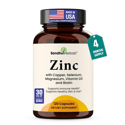 Zinc 30mg With Copper, Selenium & Vitamin D3 | 120 Capsules | Magnesium, Vitamin B6, Biotin | Absorbable Zink Supplements for Men & Women | Chelated Zinc - PrimeBioHealth - canada supplements