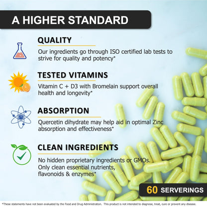 Zinc Quercetin 500mg with Vitamin C Vitamin D3 Bromelain Immune Support High Potency Quercetin Zinc Supplement ZQV by SPARTIS (Pack of 1 Bottle at 120-Caps) - PrimeBioHealth - canada supplements
